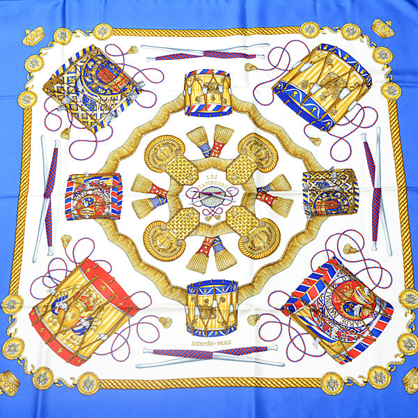 Hermes Silk Scarf LES TAMBOURS 90cm Blue in Great Condition