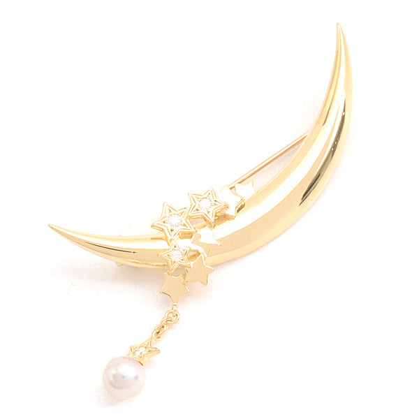 Mikimoto K18 Pearl Moon Star Motif Brooch with Diamond in Great Condition