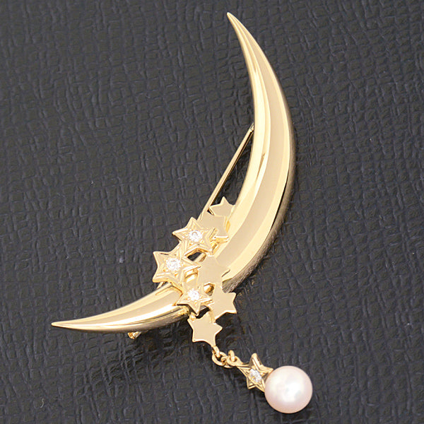 Mikimoto K18 Pearl Moon Star Motif Brooch with Diamond