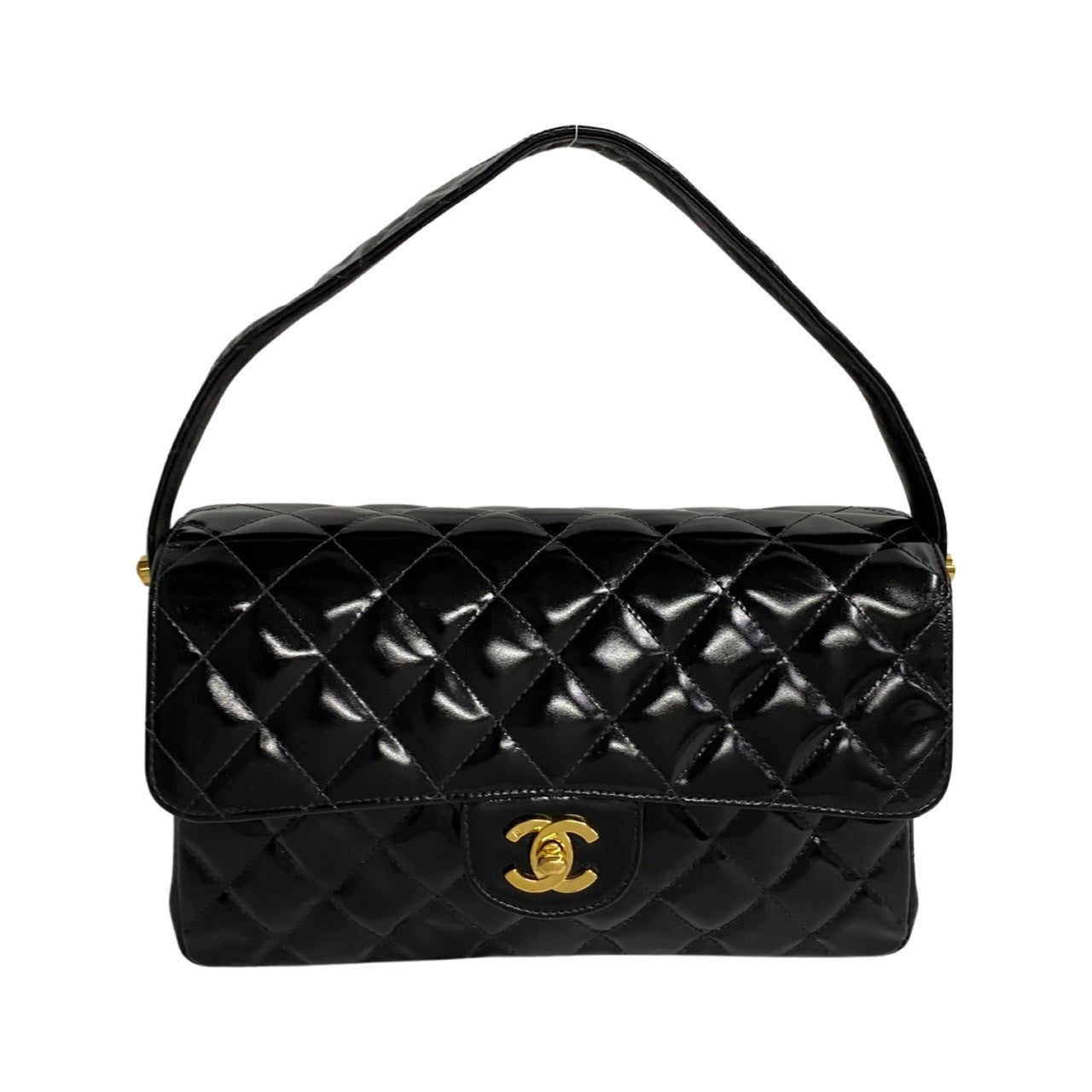 CC Quilted Patent Leather Flap Handbag