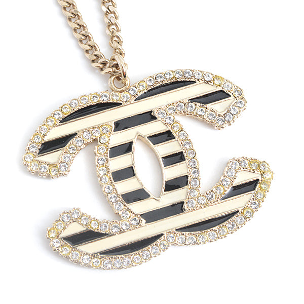 Chanel Coco Mark Rhinestone Pendant Necklace Gold Black White