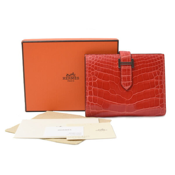 Hermes Alligator Bearn Compact Wallet Red in Great Condition