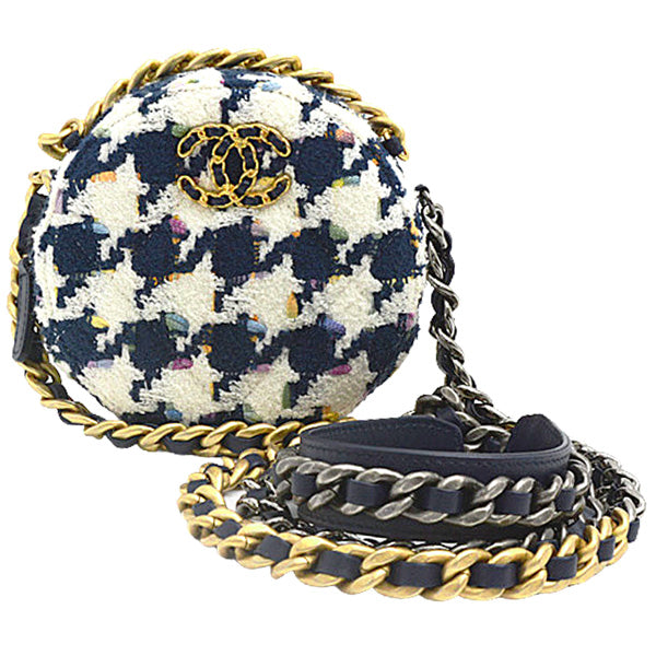 Chanel Tweed Round Chain Shoulder Bag Houndstooth White Navy in Great Condition