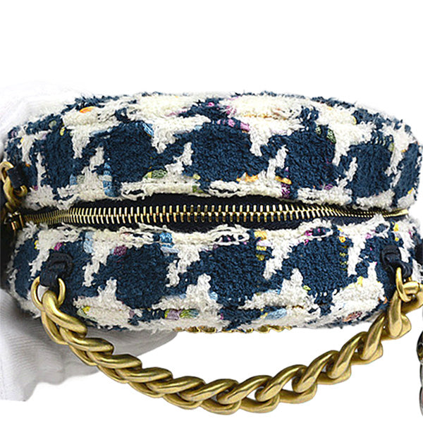 Chanel Tweed Round Chain Shoulder Bag Houndstooth White Navy in Great Condition