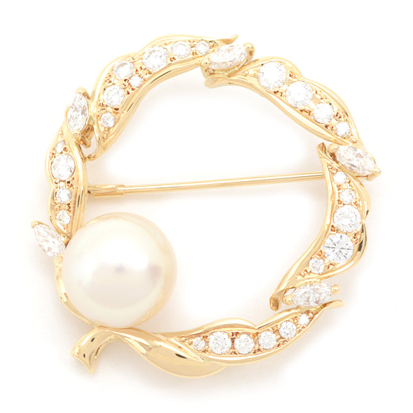 Mikimoto Pearl Diamond Leaf Brooch K18 YG