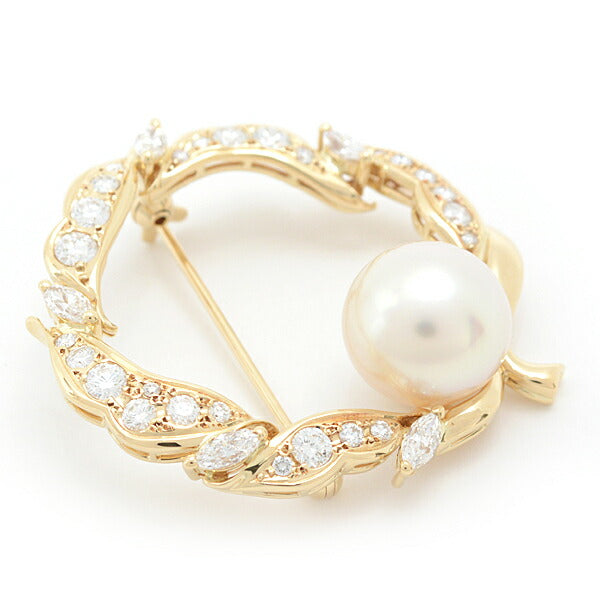 Mikimoto Pearl Diamond Leaf Brooch K18 YG