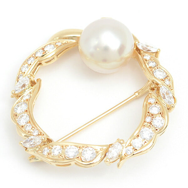 Mikimoto Pearl Diamond Leaf Brooch K18 YG