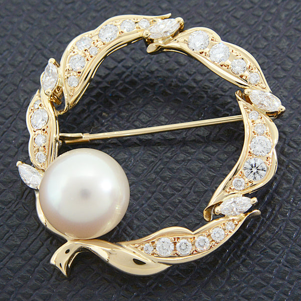 Mikimoto Pearl Diamond Leaf Brooch K18 YG