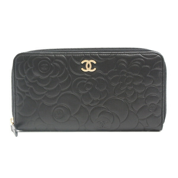 Chanel Camellia Lambskin Zip Wallet Black