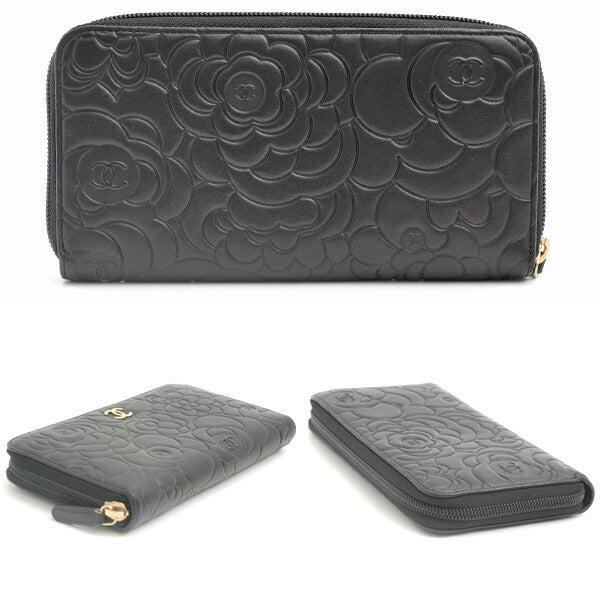 Chanel Camellia Lambskin Zip Wallet Black