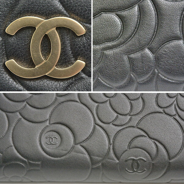 Chanel Camellia Lambskin Zip Wallet Black