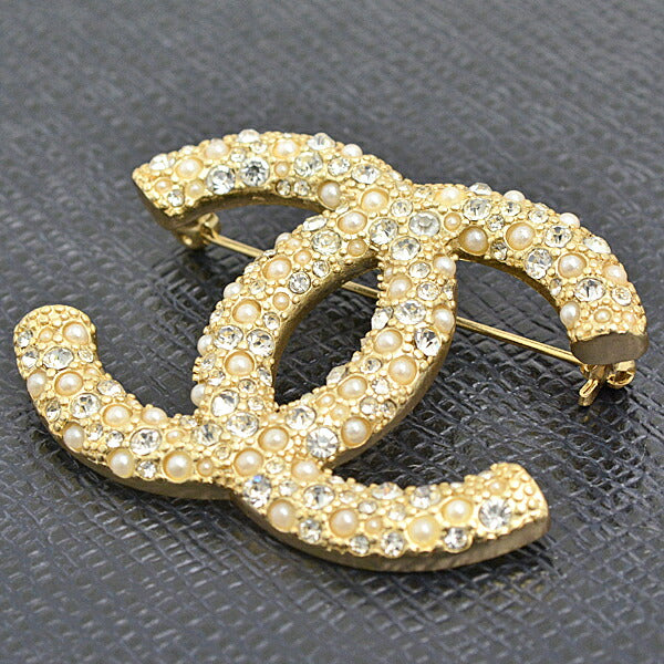 Chanel Coco Mark Rhinestone Brooch Gold Plated