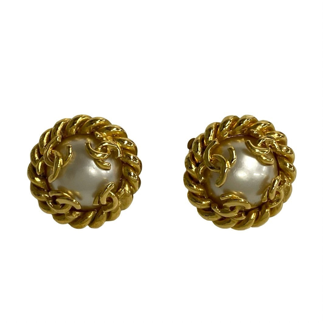 Chanel CC Pearl Clip On Earrings  Metal Earrings in Great Condition