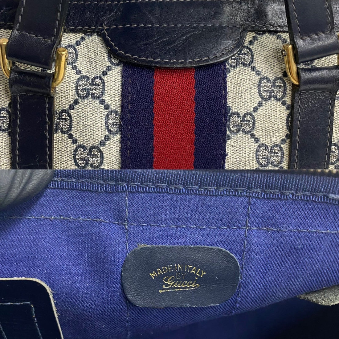 Gucci Vintage Leather 2way Shoulder Bag Navy