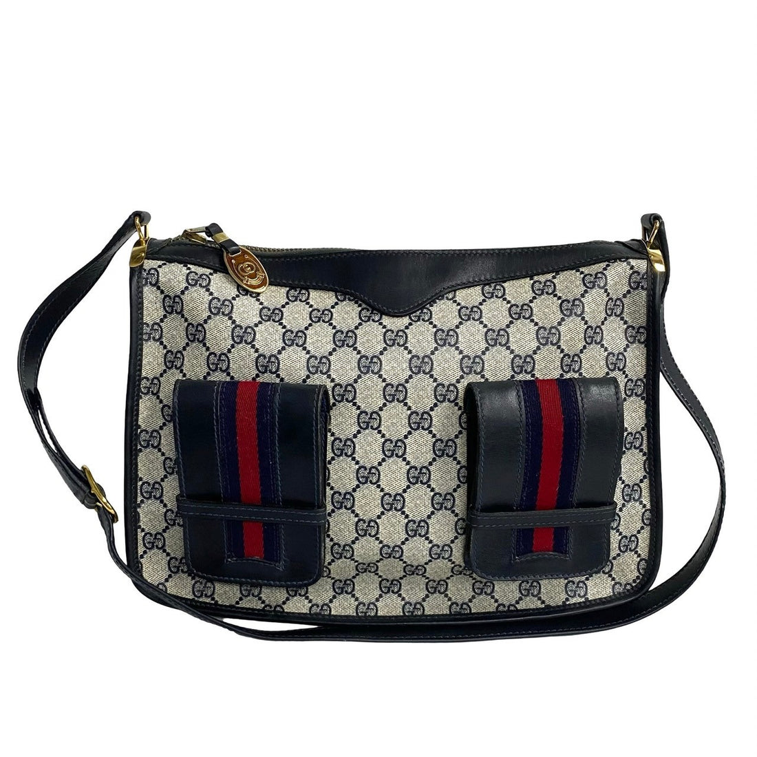 Gucci Vintage Leather GG Shoulder Bag Navy