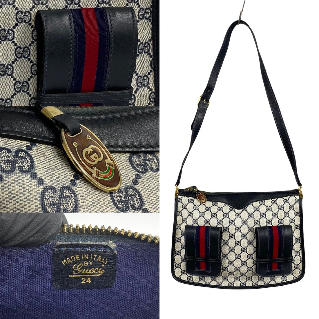 Gucci Vintage Leather GG Shoulder Bag Navy