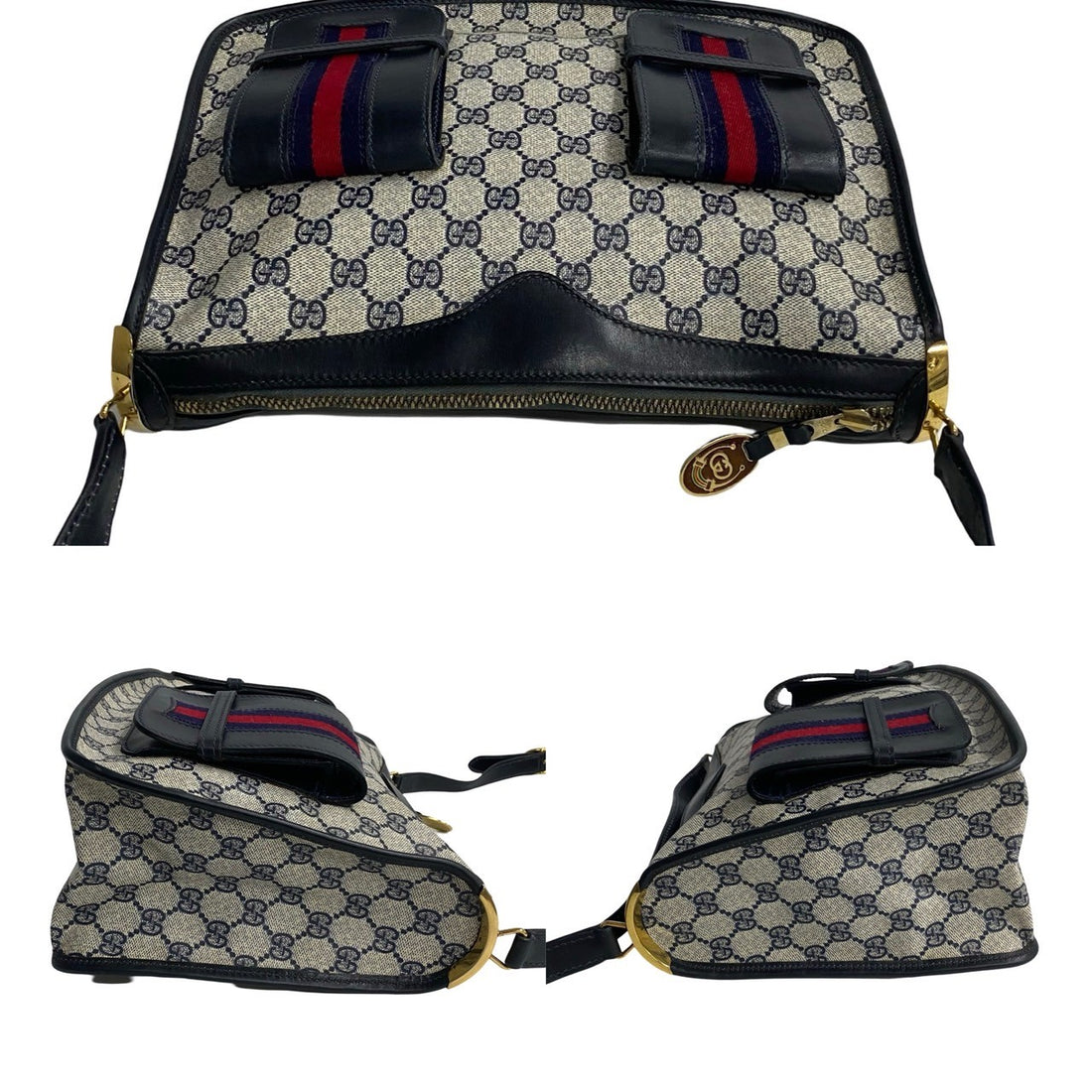 Gucci Vintage Leather GG Shoulder Bag Navy