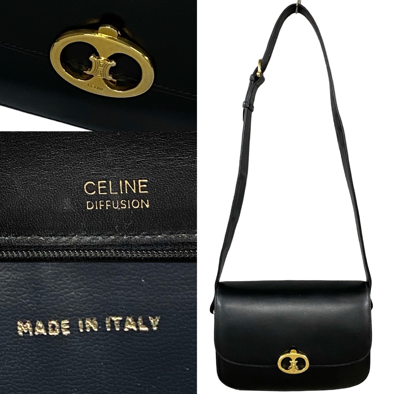 Celine Vintage Calf Leather Shoulder Bag Black