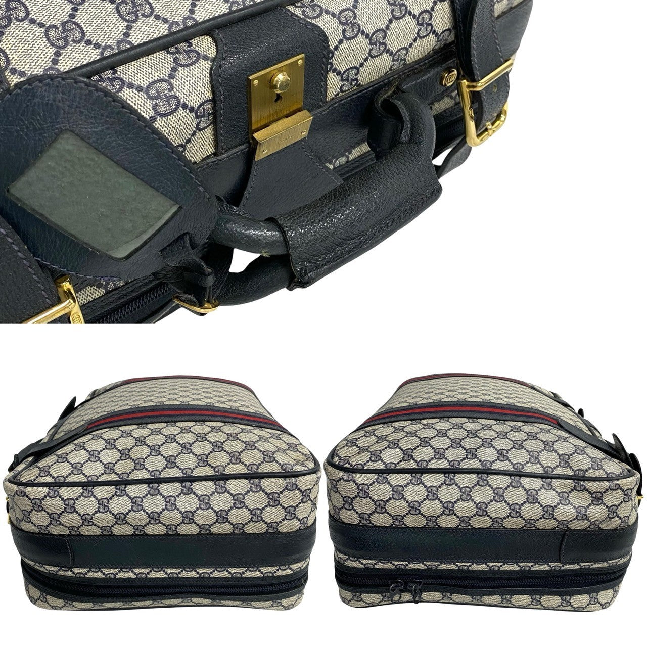 Gucci Leather GG Logo Boston Bag Navy