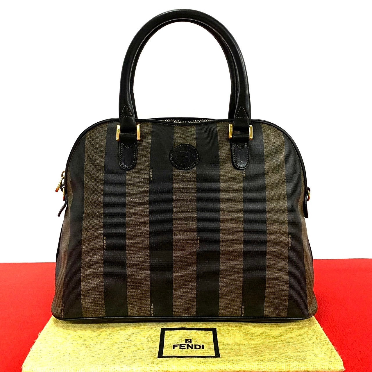 Fendi Leather Pequin FF Logo Mini Boston Bag