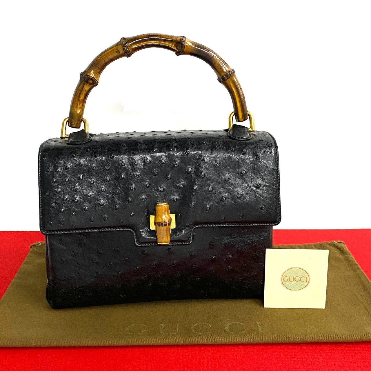 Gucci Bamboo Ostrich Leather Handbag Black