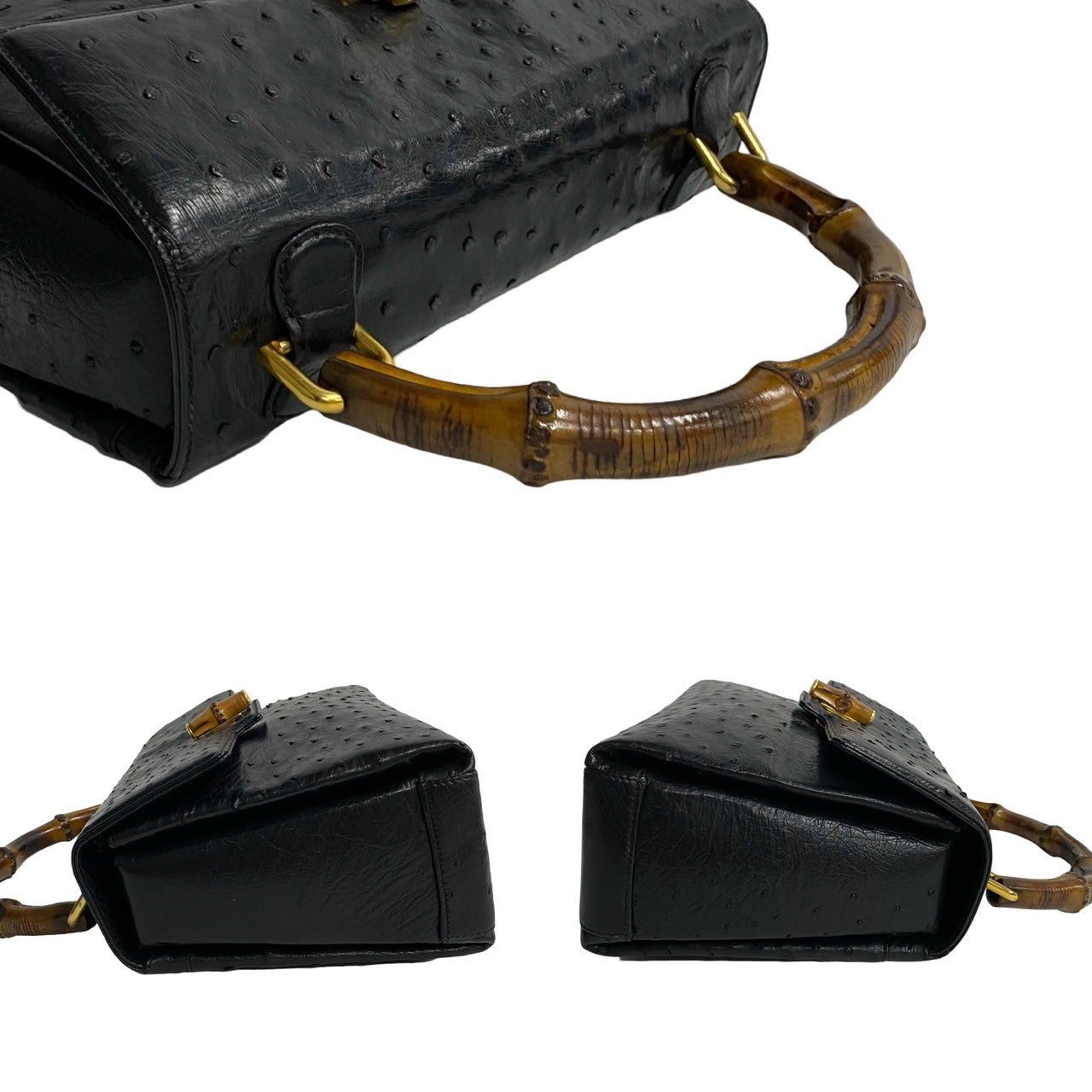 Gucci Bamboo Ostrich Leather Handbag Black