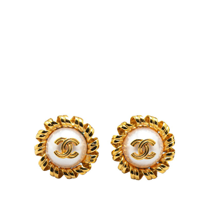 Chanel Vintage Coco Mark Flower Earrings Gold White Pearl