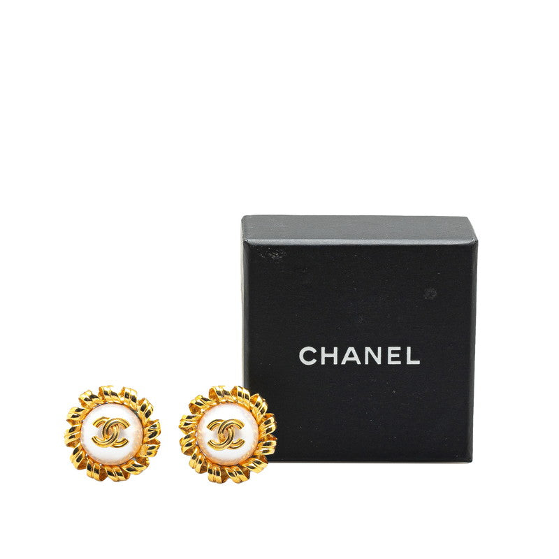 Chanel Vintage Coco Mark Flower Earrings Gold White Pearl