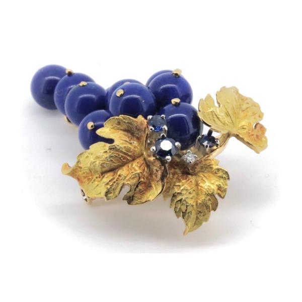 Nobuko Ishikawa Grape Motif Brooch Pendant with Lapis Lazuli, Sapphire & Diamond in K18 Yellow Gold & PT900 Platinum for Women