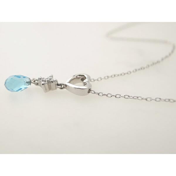 Blue Topaz & Diamond Necklace, K18 White Gold, Heart Design, Silver for Women