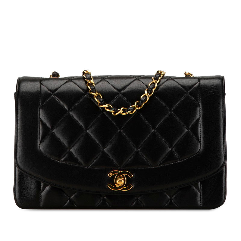 Chanel Diana 25 Chain Shoulder Bag Black Gold Lambskin in Very Good Condition