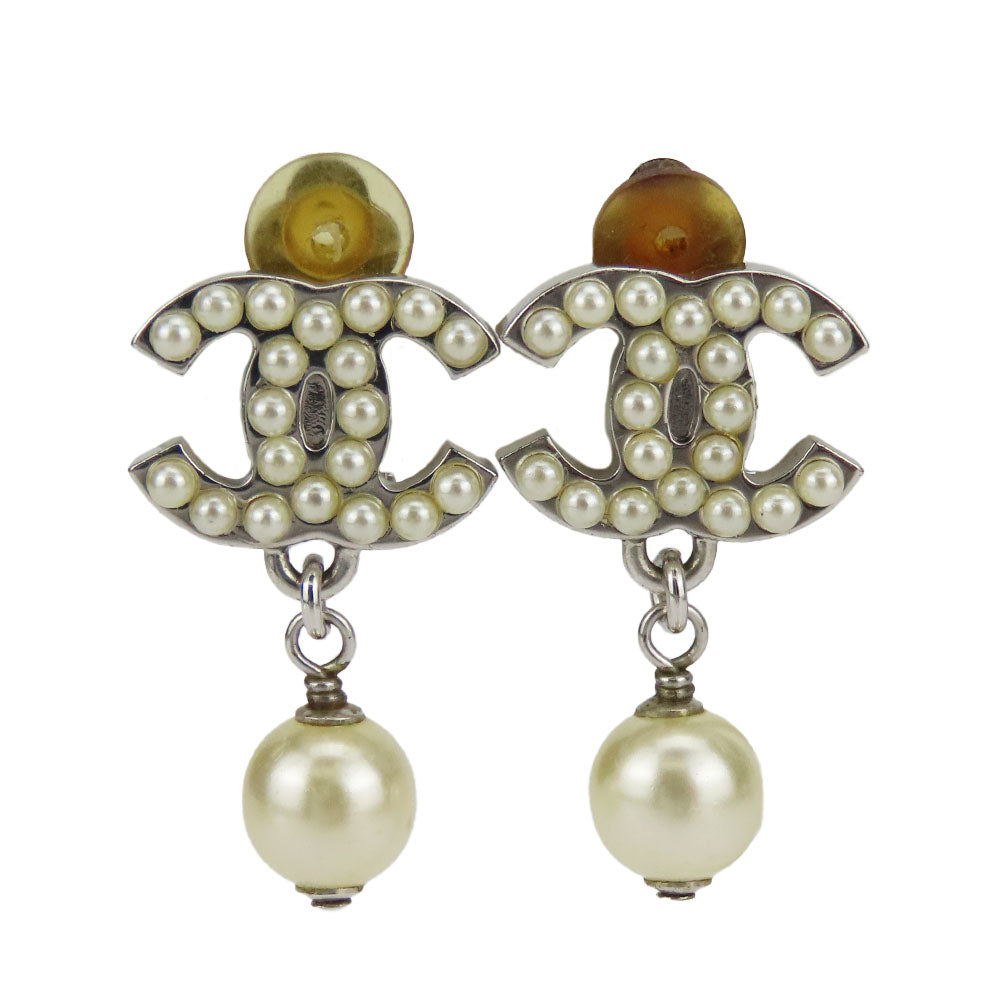 Chanel Metal Fake Pearl Earrings Silver