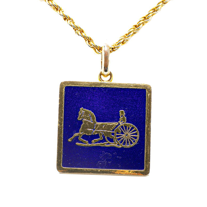 Celine Gold Blue Horse Carriage Plate Necklace in Very Good Condition