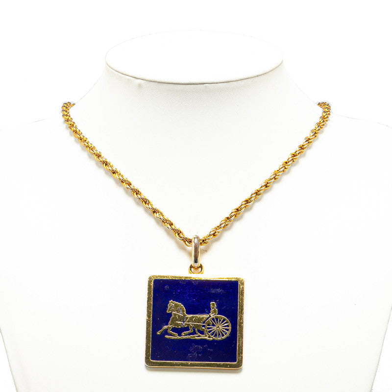 Celine Gold Blue Horse Carriage Plate Necklace in Very Good Condition