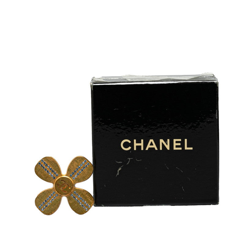 Chanel Clover Rhinestone Brooch Gold