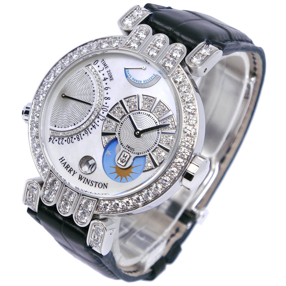 Harry Winston Premier Excenter Watch, Timezone 200-MMTZ39W, K18 White Gold/Diamond/Leather, Manual Analog, Men's, Excellent Preowned Condition 200-MMTZ39W