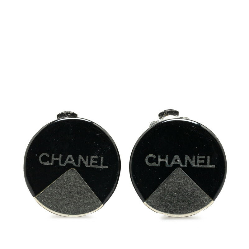 Chanel Logo Earrings Black Silver Metal