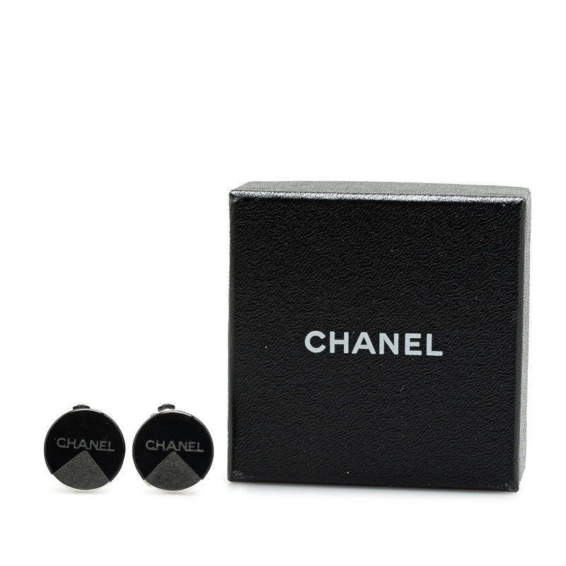 Chanel Logo Earrings Black Silver Metal