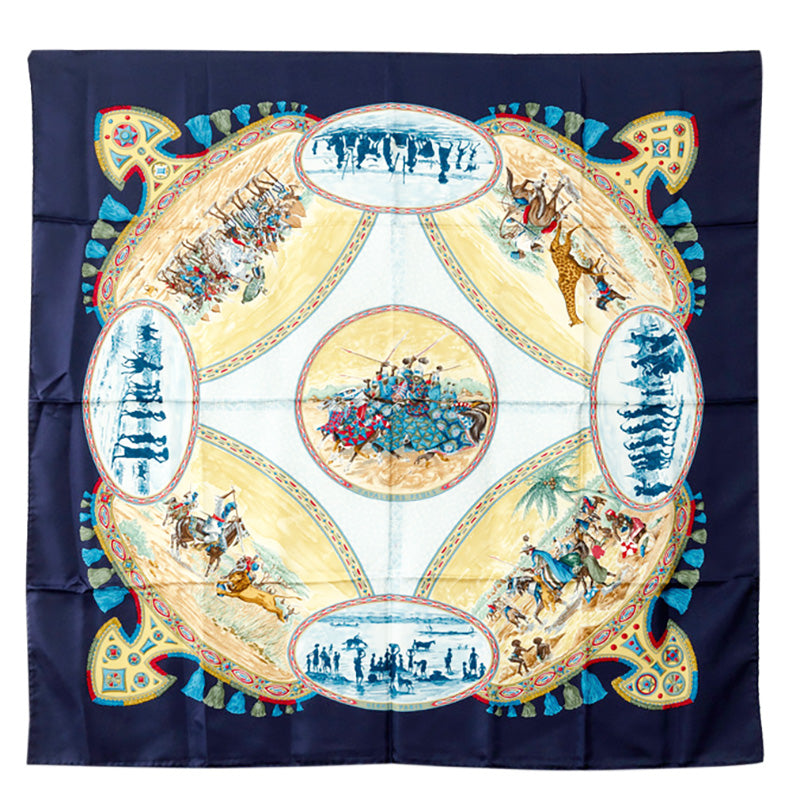 Hermes Silk Scarf 88cm x 88cm CAVALIERS PEULS Riders Navy Multi-Color in Very Good Condition