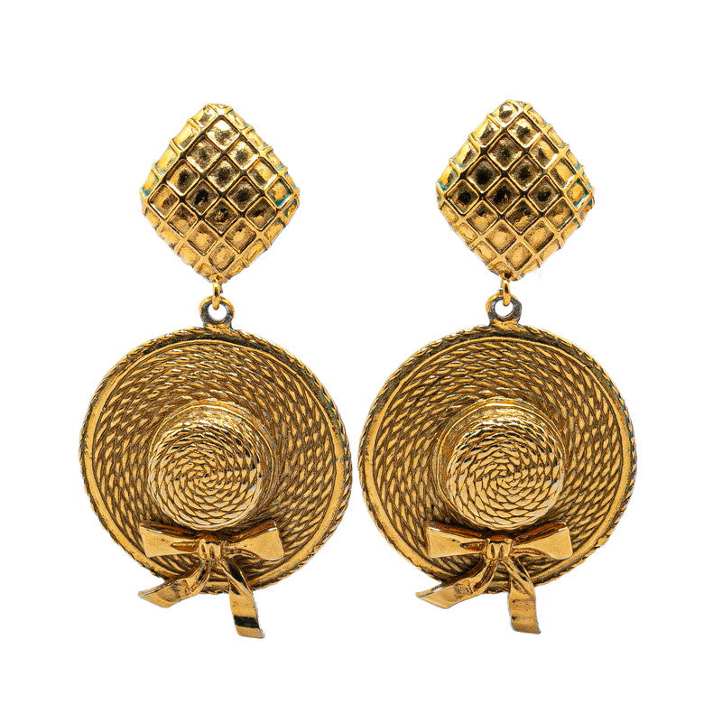 Chanel Gold Swing Straw Hat Motif Earrings