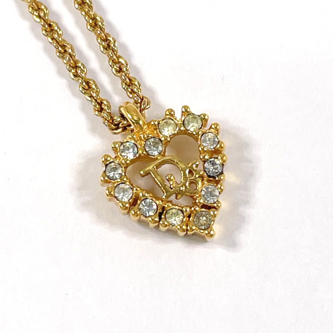 Dior Heart Logo Necklace Gold GP Rhinestone