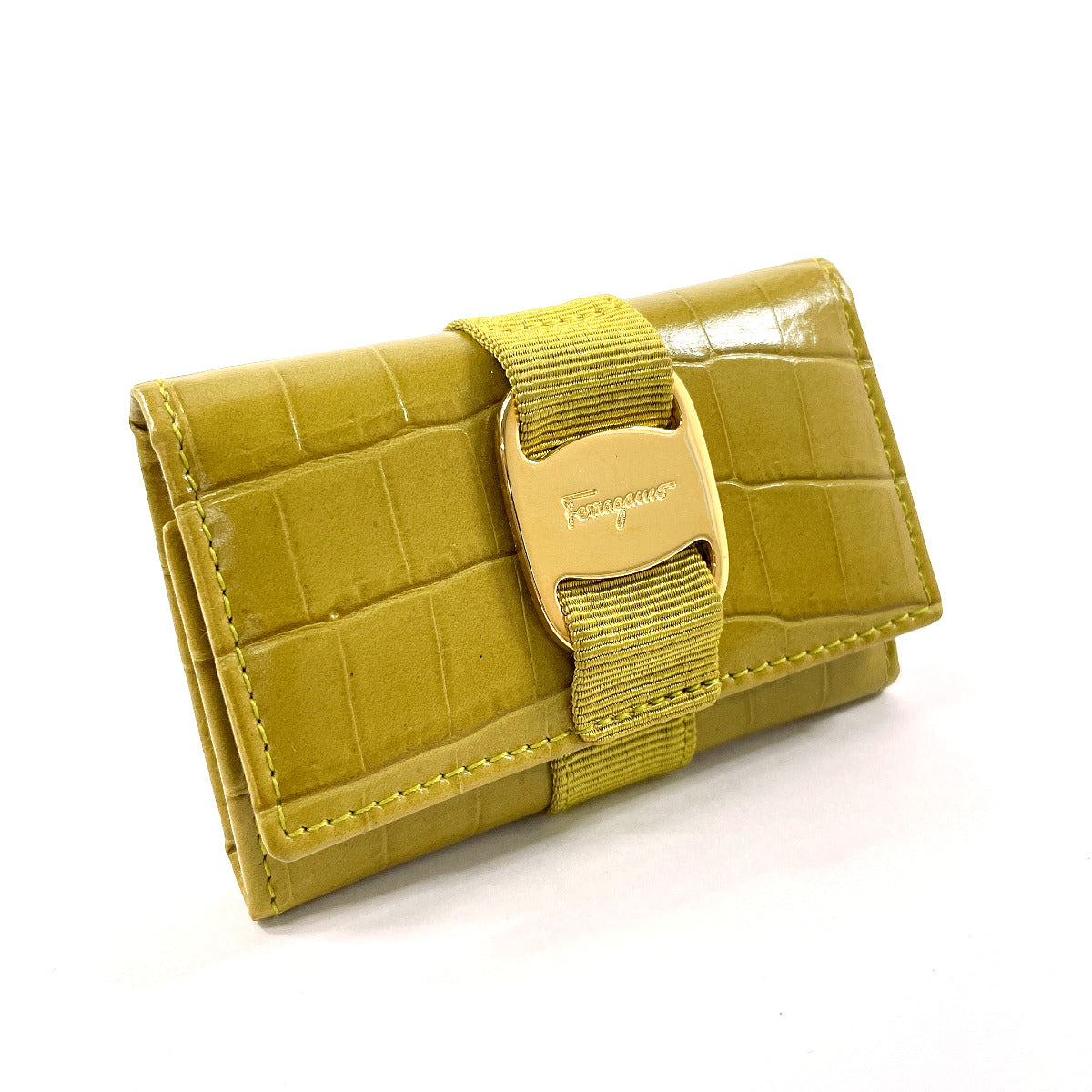 Salvatore Ferragamo Croc Embossed Vara Leather Key Case