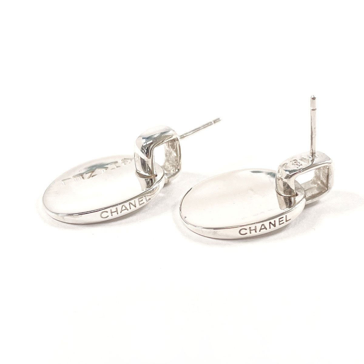 Chanel Silver 925 Oval Logo Plate Earrings