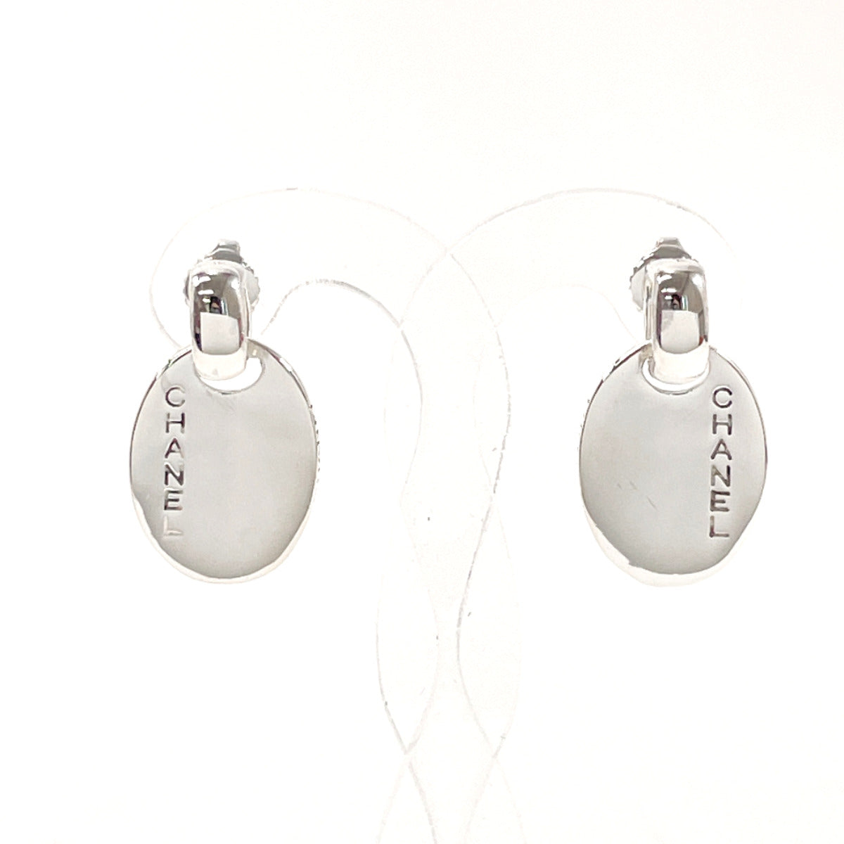 Chanel Silver 925 Oval Logo Plate Earrings