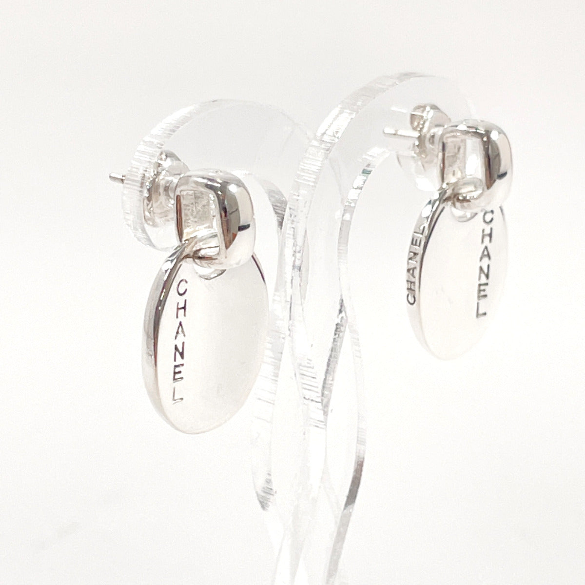 Chanel Silver 925 Oval Logo Plate Earrings