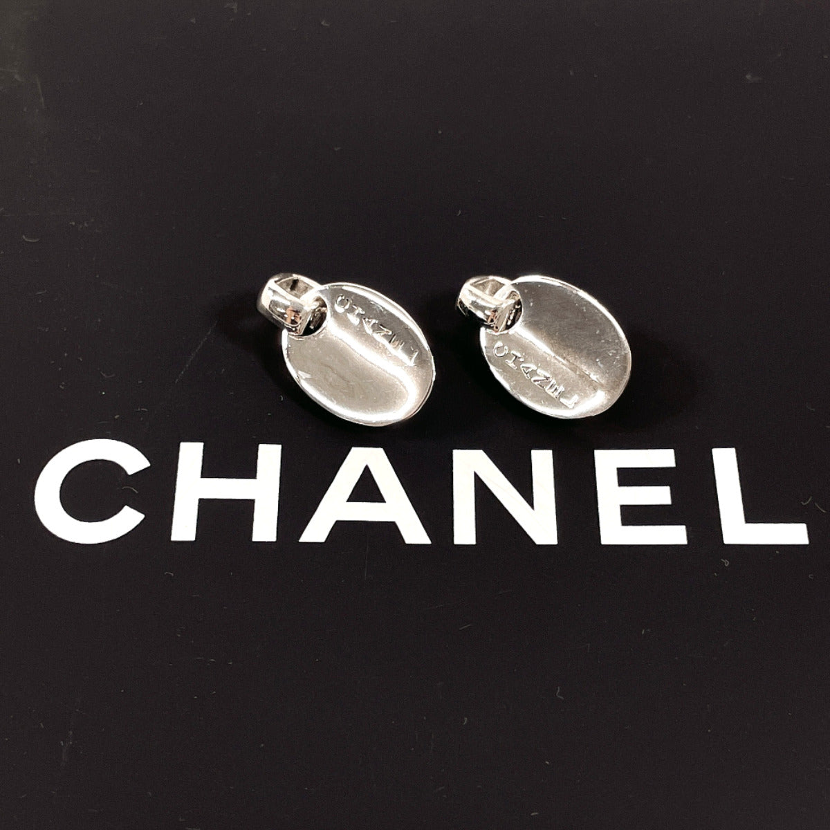 Chanel Silver 925 Oval Logo Plate Earrings