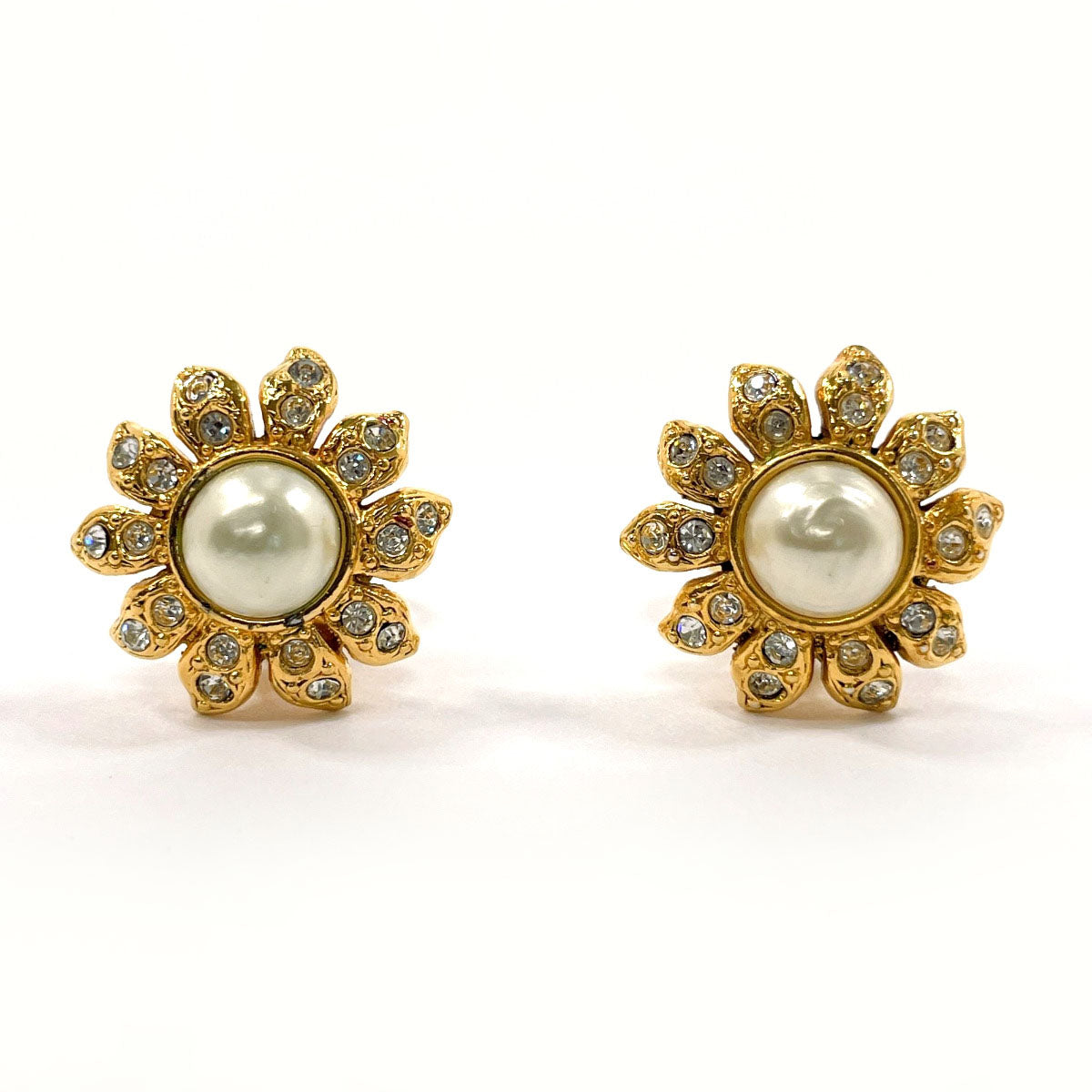 Chanel Flower Earrings Metal Faux Pearl Gold