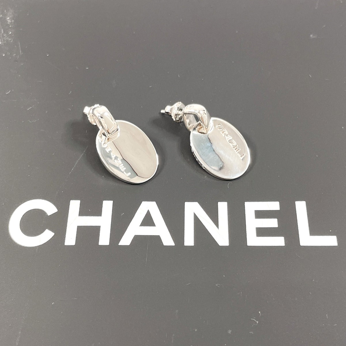 Chanel Silver 925 Oval Logo Plate Earrings