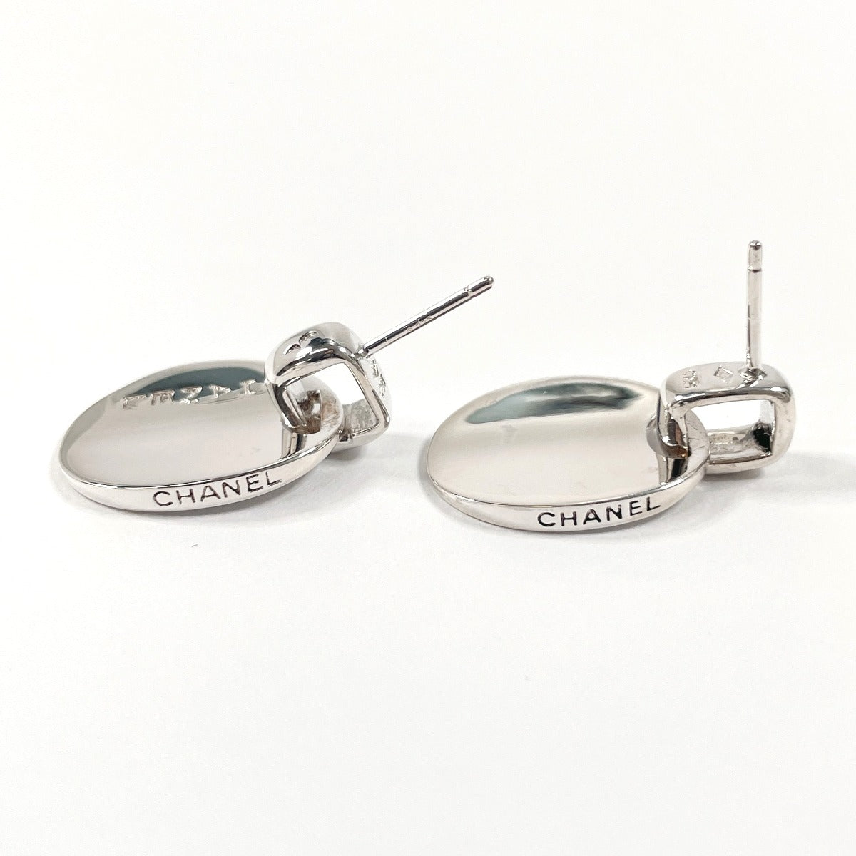 Chanel Silver 925 Oval Logo Plate Earrings