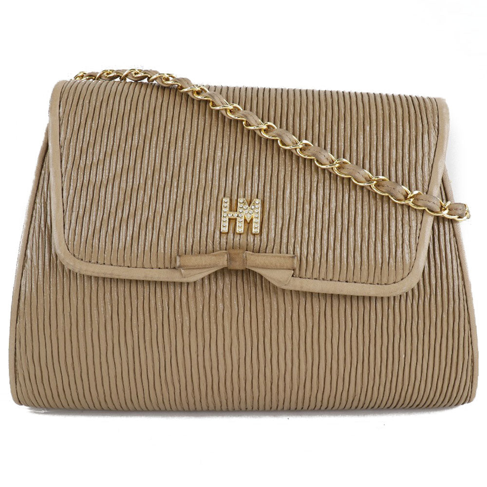 Hanae Mori Leather 2WAY Clutch Shoulder Bag Beige